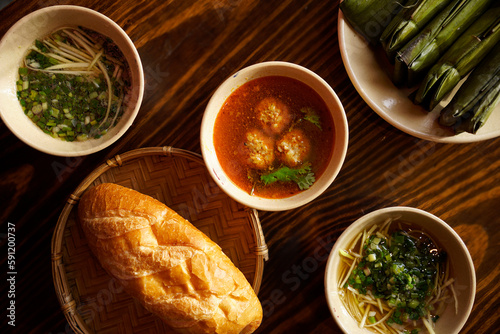 Top view of Saigon breakfast specialty Banh Mi Xiu Mai                          