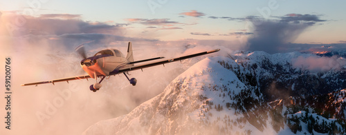 Airplane flying over Canadian Mountain Landscape. Adventure Travel Concept. 3d Rendering Plane. Aerial View near Vancouver, BC, Canada.