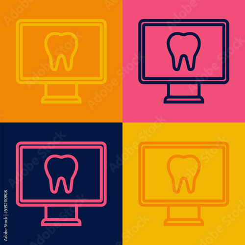 Pop art line Online dental care icon isolated on color background. Dental service information call center. Vector