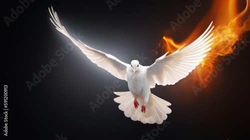 A dove coming down from heaven - Symbol of the holy spirit - black backgound, fire