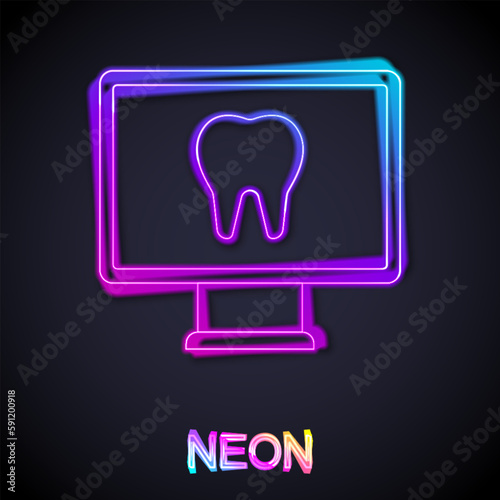 Glowing neon line Online dental care icon isolated on black background. Dental service information call center. Vector