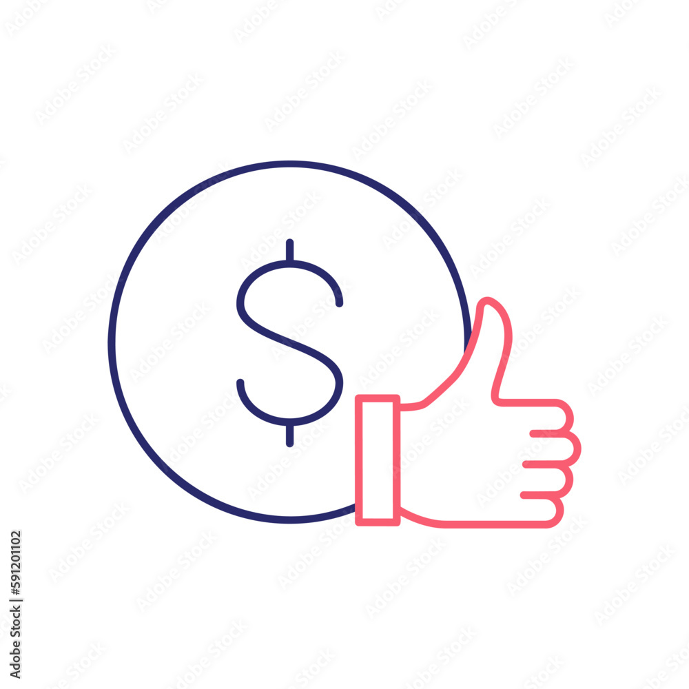 Coin with a thumb up, positive feedback, customer review, rating outline color icon. Finance, payment, invest finance symbol design. Coin with a thumb up, positive feedback, customer review, rating outline color icon. Finance, payment, invest finance symbol design.