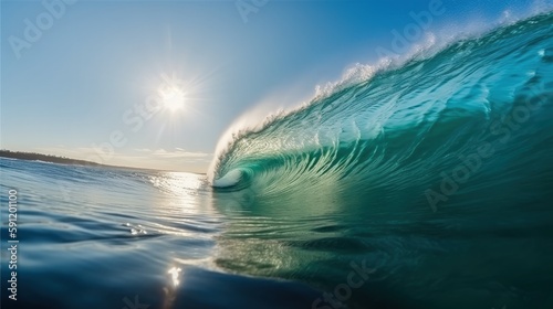 Perfect wave rolling towards the shor - warm sunlight - clear blue water