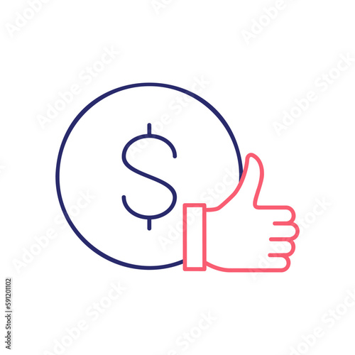 Coin with a thumb up, positive feedback, customer review, rating outline color icon. Finance, payment, invest finance symbol design.