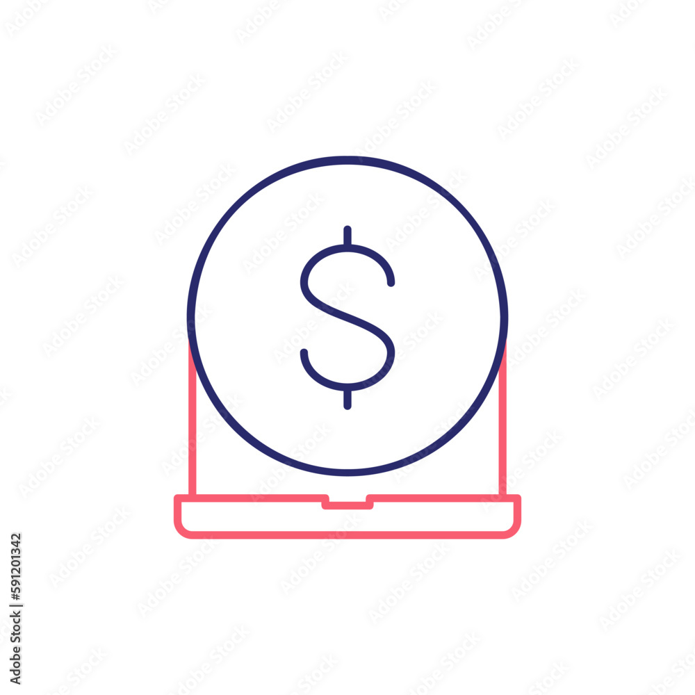 Laptop with coin, online payment outline color icon. Finance, payment, invest finance symbol design. Laptop with coin, online payment outline color icon. Finance, payment, invest finance symbol design.