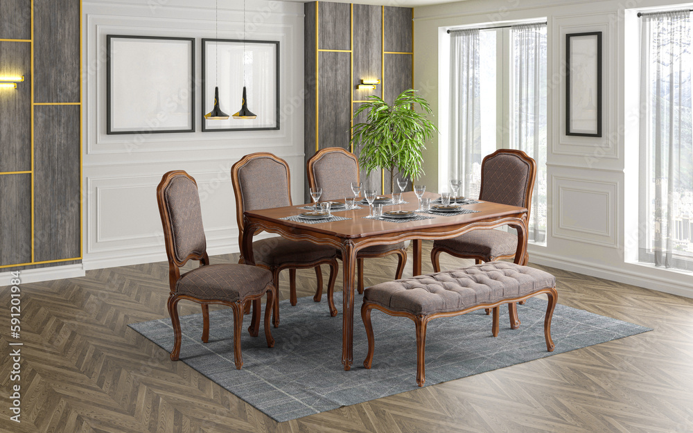 3D rendering . classic dining room .classic interior