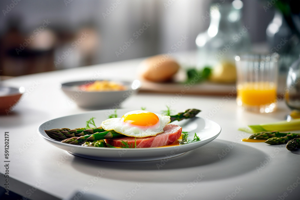 asparagus with fried egg and ham lying on a white plate next to a bottle of white wine. AI generativ