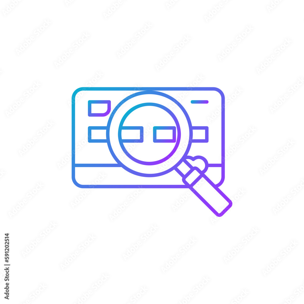 Credit card with magnifying glass, payment search, credit card and loupe gradient lineal icon. Shopping, online banking, finance symbol design. Credit card with magnifying glass, payment search, credit card and loupe gradient lineal icon. Shopping, online banking, finance symbol design.