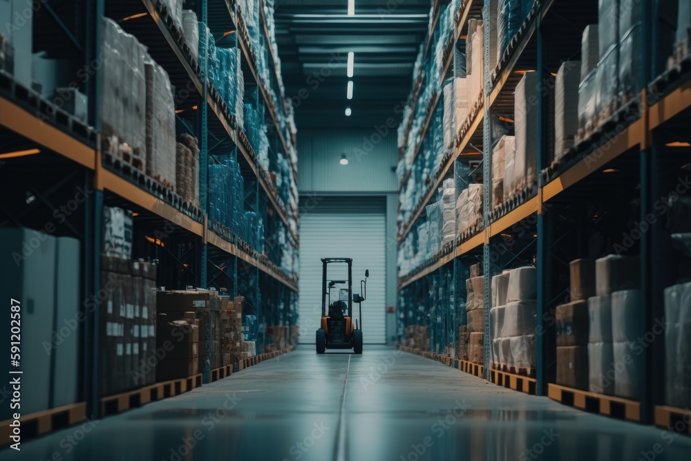 Fototapeta premium Forklift stop at aisle of mega modern warehouse, AI generated