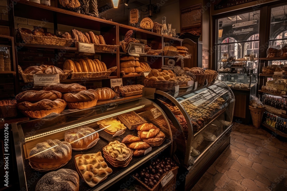 Modern bakery shop, a delicious variety of freshly baked, AI generated
