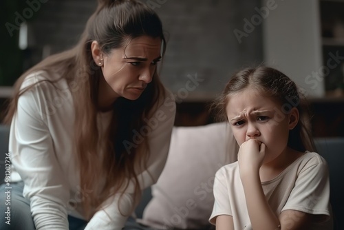 Sad little girl sitting with her parents argue, AI generated