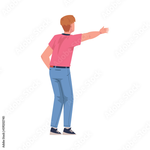 Back View of Standing Guy Reaching Out Hand Looking at Something Vector Illustration