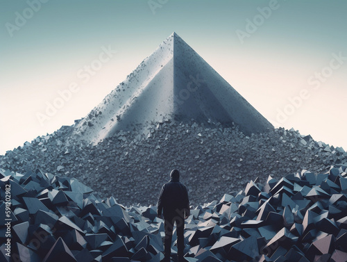 A Person in Front of a Geometric Surreal Mountain   Generative AI