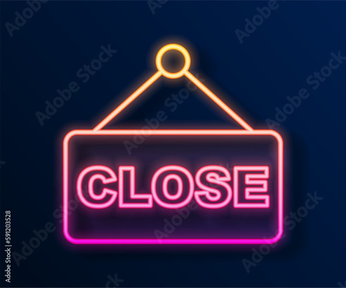 Glowing neon line Hanging sign with text Closed icon isolated on black background. Business theme for cafe or restaurant. Vector