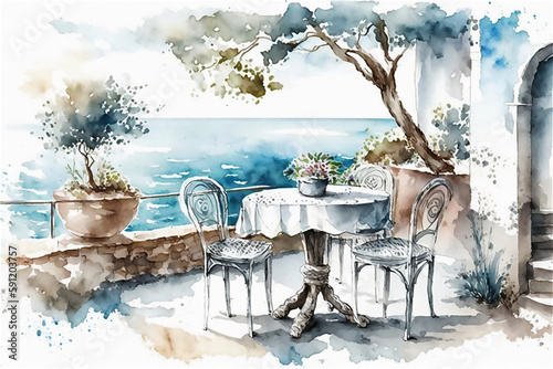 Empty outdoors restaurant or cafe with table and chairs in Provencal style. Summer holiday. Watercolor illustration. Generated AI
