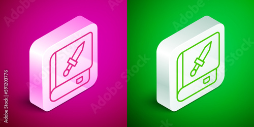 Isometric line Book about weapon icon isolated on pink and green background. Small firearm. Weapon catalog. Silver square button. Vector