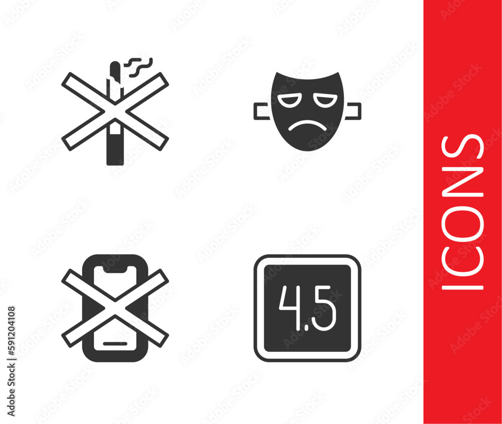 Set Rating movie, No smoking, cell phone and Drama theatrical mask icon. Vector Set Rating movie, No smoking, cell phone and Drama theatrical mask icon. Vector