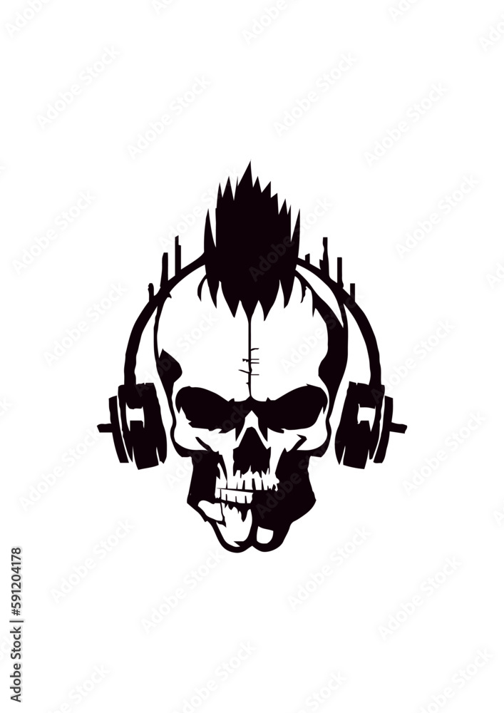 Fototapeta premium human punk skull with headphones in black and white colors