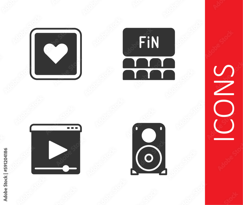 Set Stereo speaker, Like heart, Online play video and Cinema auditorium with screen icon. Vector Set Stereo speaker, Like heart, Online play video and Cinema auditorium with screen icon. Vector