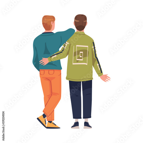 Friends from Behind Hugging and Standing Together Vector Illustration
