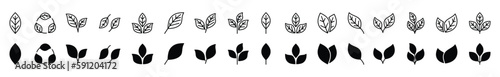 Leaf icons vector set in line and flat style. Leaves, ecology, tea, nature, green plant sign and symbol on white background. Vector illustration