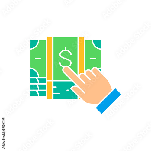 Finger click on pile of money banknotes, choice of money for payment white outline icon. Cash payment, paper bill, dollar symbol design.