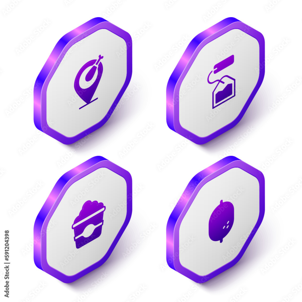 Set Isometric Chicken leg, Tea bag, Popcorn in cardboard box and Lemon icon. Purple hexagon button. Vector Set Isometric Chicken leg, Tea bag, Popcorn in cardboard box and Lemon icon. Purple hexagon button. Vector