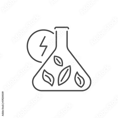 Biomass concept related vector linear icon. Laboratory flask with leaves and lightning. Ecological research. Eco energy and biofuel. Outline illustration Isolated on white background. Editable stroke