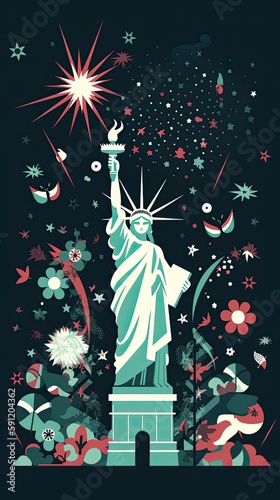 Greeting card with U.S. flag and statue of Liberty. 4th of July. Independence day of United states. Generative Ai. photo