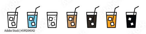 Water glass icon set. Drink water glass icons. Drink glass icon collection with straw in color. Coffee, tea, milk, cocoa, mineral, juice drink sign and symbol. Vector illustration	