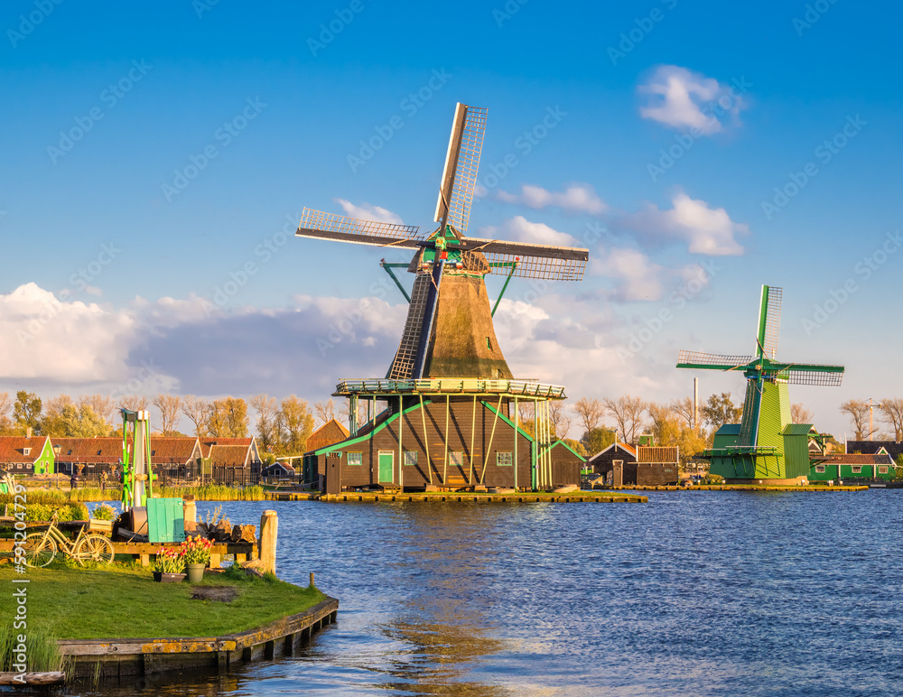 Traditional Dutch windmills  in the rural landscape of Zaanse Schans