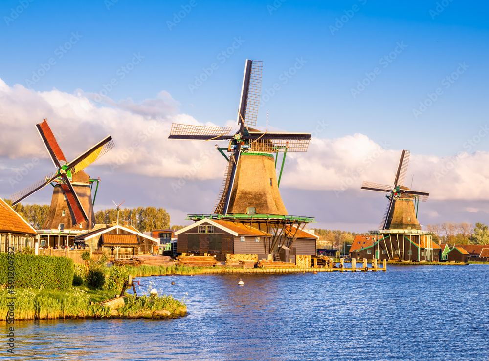 Traditional Dutch windmills in the rural landscape of Zaanse Schans