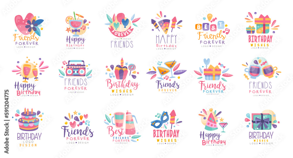 Friends Forever and Happy Birthday Wishes Logo Design Vector Set