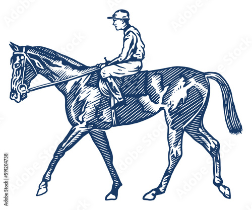 Jockey on racing horse - hand drawn vector illustration