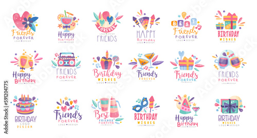 Friends Forever and Happy Birthday Wishes Logo Design Vector Set