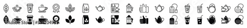 Coffee and Tea icons vector set. Cup, leaf, packaging, tea bag, glasses, certificate, teapot, disposable cup, machine, thumbs up icons in line and flat style. Editable Stroke. Vector illustration