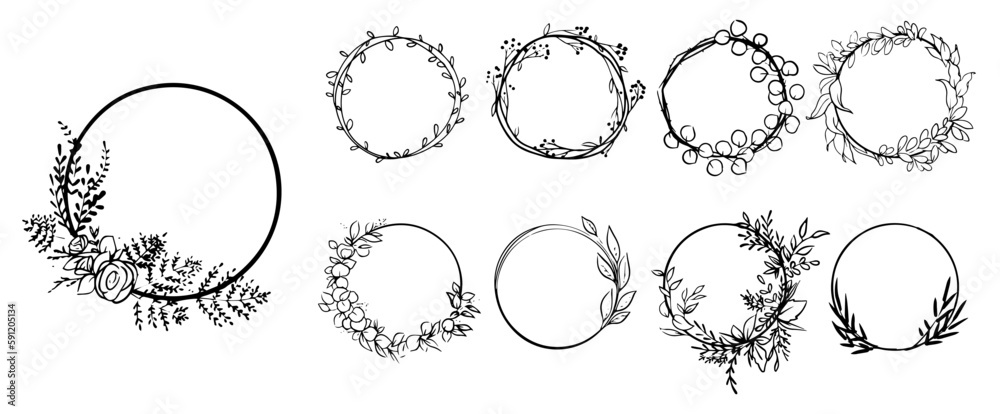 hand drawn of circle floral border. logo template. black and white. eps 10