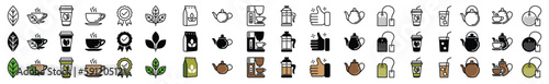 Coffee and Tea icons vector set. Cup, leaf, packaging, tea bag, glasses, certificate, teapot, disposable cup, machine, thumbs up icons in line, flat, color style. Editable Stroke. Vector illustration