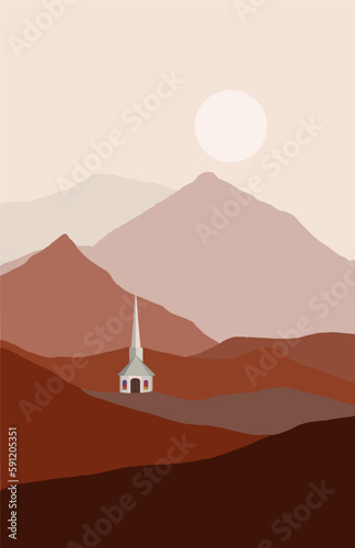 Slika na platnu A little white church with a tall steeple is seen nestled in the mountains with a late afternoon sun in the background in this vector image