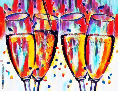 Champagne in champagne flutes are seen with confetti in an abstract vector image.