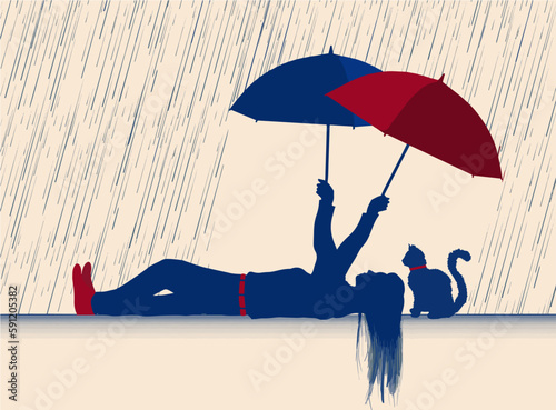 A young woman uses two umbrellas to keep her pet cat dry during a rain storm. The girl lies on her back holding the red and blue umbrellas overhead.