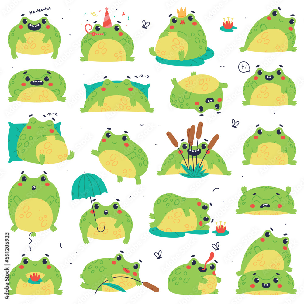 Obraz premium Cute Green Frog or Toad Character Engaged in Different Activity Vector Set