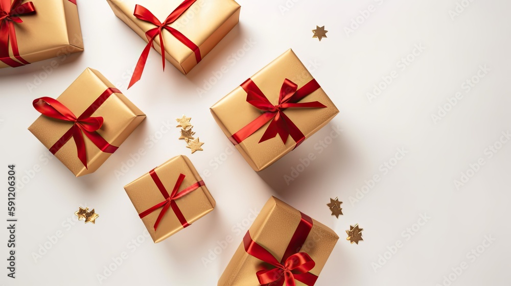 Christmas composition. Gifts, red decorations on white background. Christmas, winter, new year concept. Flat lay, top view, copy space. Generative Ai. Christmas composition. Gifts, red decorations on white background. Christmas, winter, new year concept. Flat lay, top view, copy space. Generative Ai.