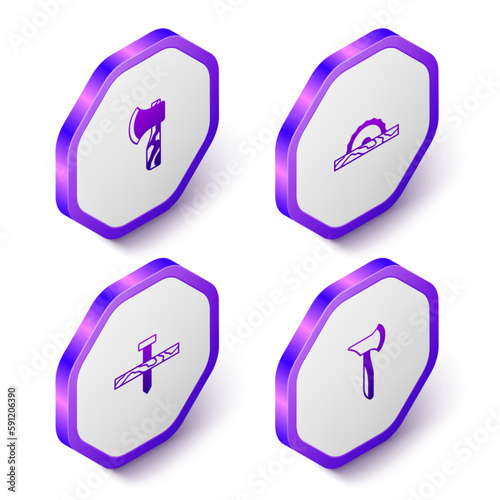 Set Isometric Wooden axe, Electric circular saw, Metallic nail and icon. Purple hexagon button. Vector