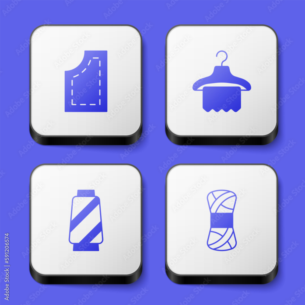 Set Sewing pattern, Hanger wardrobe, thread on spool and Yarn icon. White square button. Vector Set Sewing pattern, Hanger wardrobe, thread on spool and Yarn icon. White square button. Vector