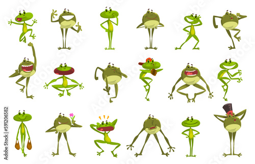 Green Funny Frogs Character in Various Pose and Face Expression Vector Set