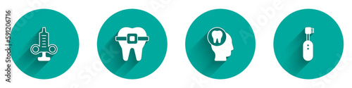 Set Syringe, Teeth with braces, Toothache and Electric toothbrush icon with long shadow. Vector