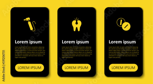 Set Toothache painkiller tablet, Broken tooth and drill. Business infographic template. Vector