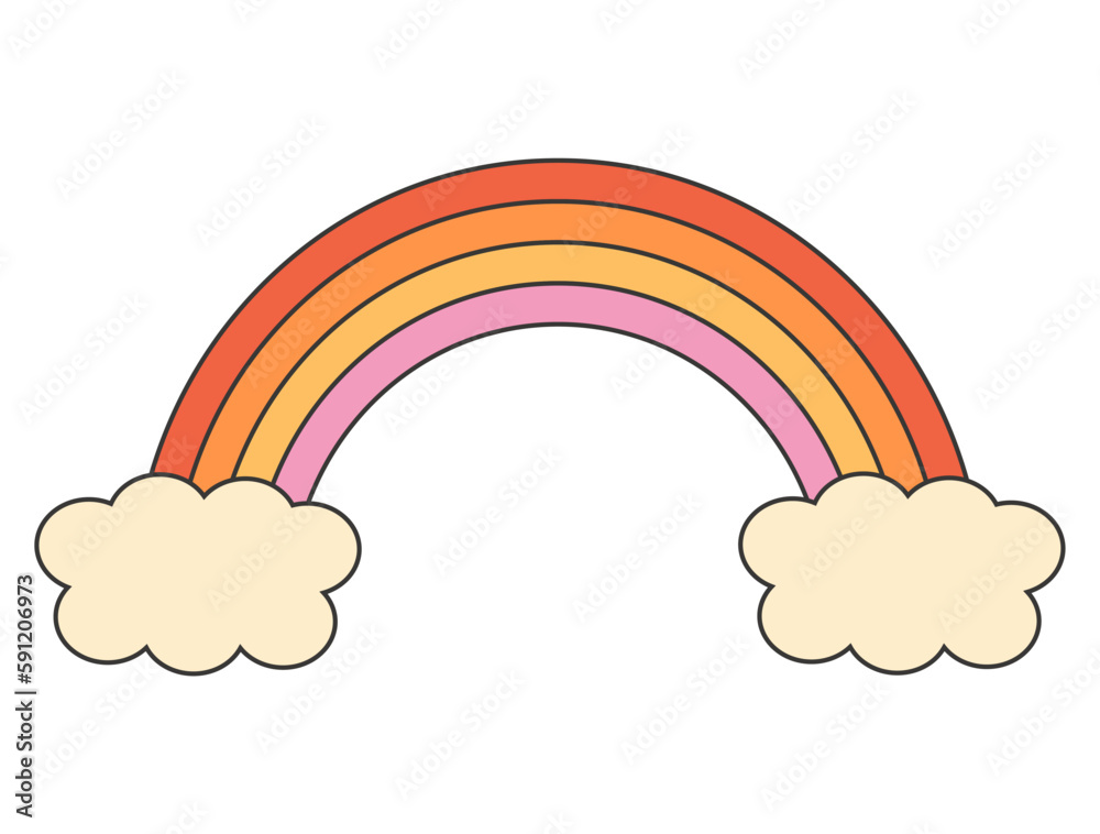 Retro groovy hippie 70s sticker. Rainbow sticker in trendy retro psychedelic cartoon style. Retro groovy hippie 70s sticker. Rainbow sticker in trendy retro psychedelic cartoon style.