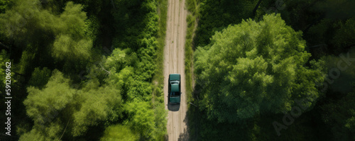 A drone shot of a car driving on an asphalt highway surrounded by verdant forest. Nature, travel, and transportation concept. AI Generative.